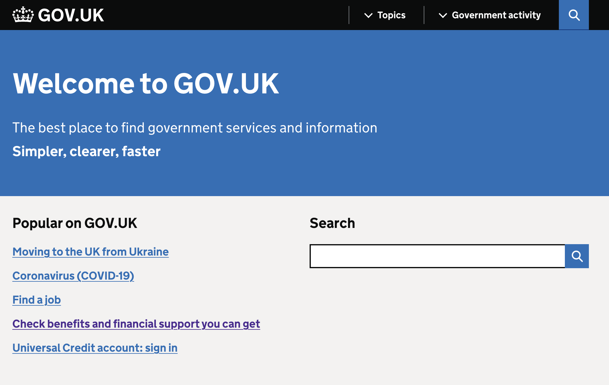 Image of the popular links on the GOV.UK homepage