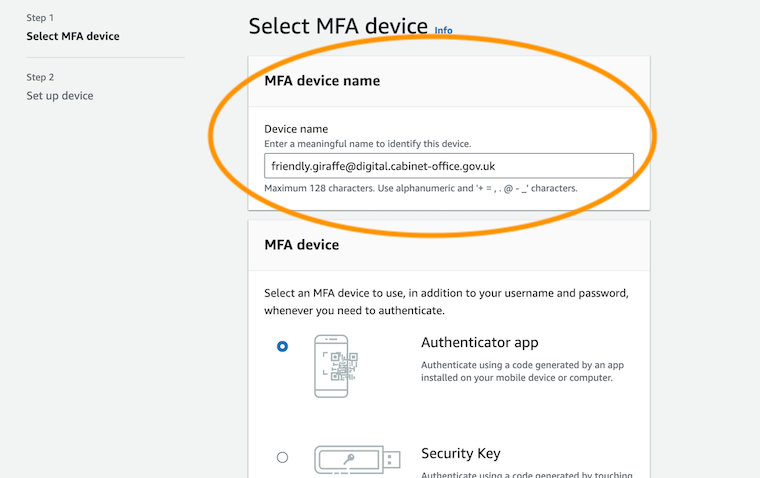 Screenshot of the Add MFA Device dialog in the AWS console
