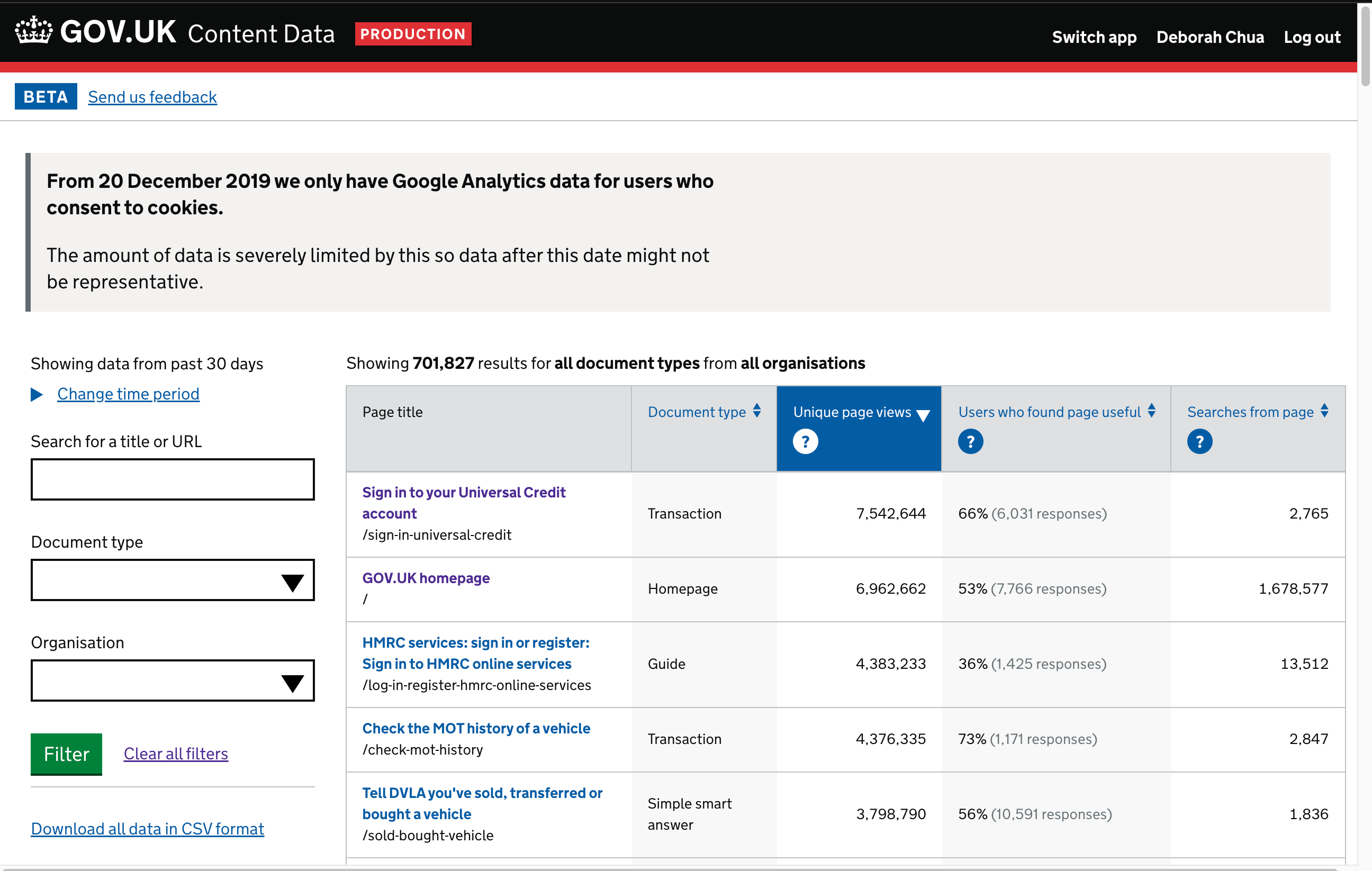 Screenshot of the Content Data app